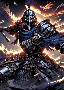 Knight in Dark Armor with Blue Cape