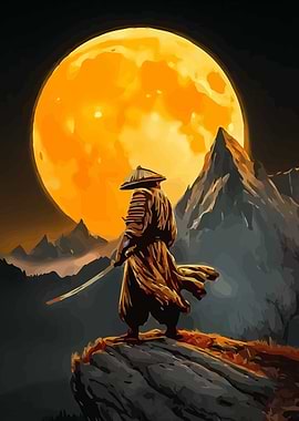 Samurai Under a Giant Orange Moon