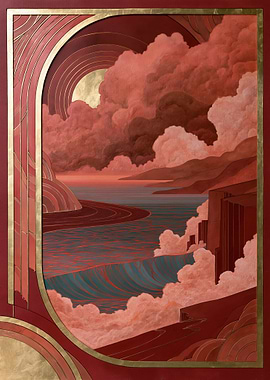 Art Deco Landscape with Red Clouds and Ocean