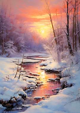 Winter Sunset Over Snowy Stream