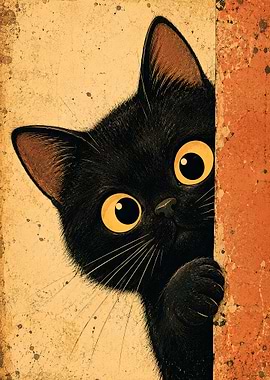 Peeking Black Cat with Big Yellow Eyes