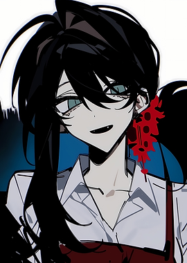 Anime Girl with Black Hair and Red Flower