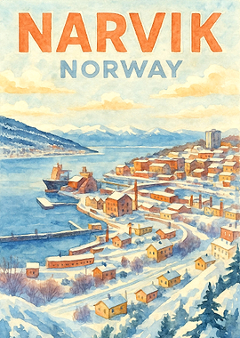 Narvik Norway Vintage Travel Poster | Watercolor Nordic Fjord Harbor Wall Art