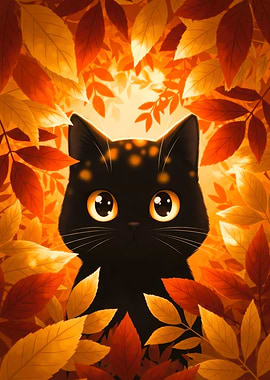 Cute Black Cat in Autumn Leaves