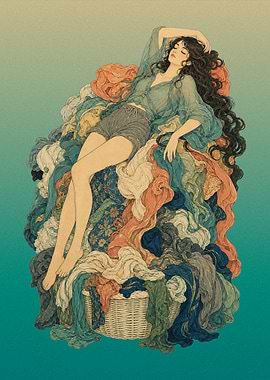 Woman Sleeping on Pile of Clothes