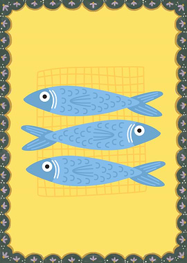 Three Blue Fish on a Yellow Background