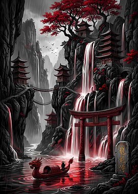Mystical Japanese Landscape with Dragon Boat