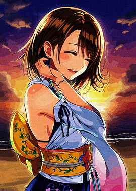Cartoon Girl on Beach at Sunset