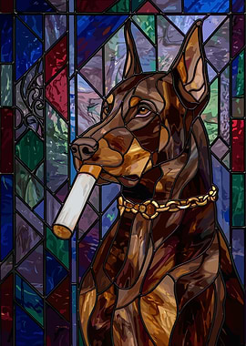 Doberman with Cigarette Stained Glass
