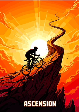 Cyclist Ascending a Mountain at Sunset
