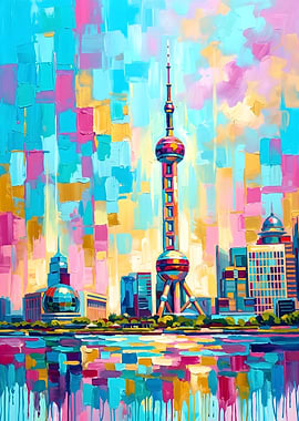 Colorful Shanghai Skyline Painting