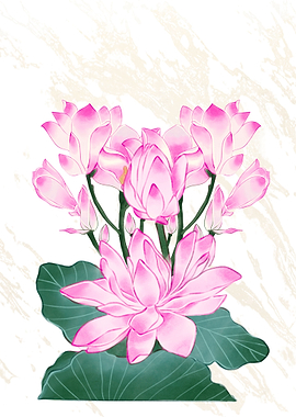 Pink Lotus Flowers with Green Leaves