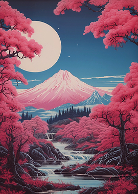 Mount Fuji Sakura Poster — Pink Cherry Blossom Moon Wall Art, Japanese Landscape