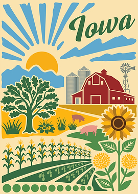 Iowa Farm Scene with Sun and Crops
