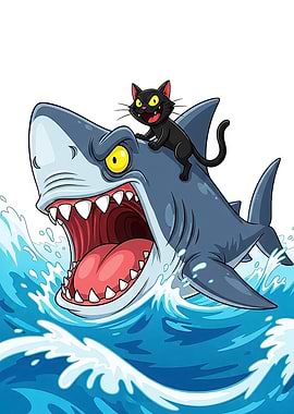 Black Cat Riding a Shark