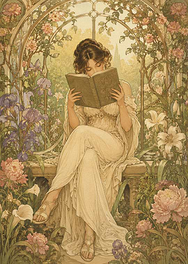 Woman Reading in a Floral Garden