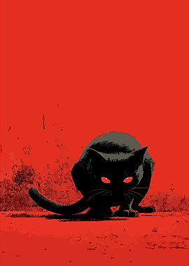 Black Cat with Red Eyes on Red Background