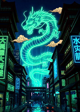 Neon Dragon Over Rainy City