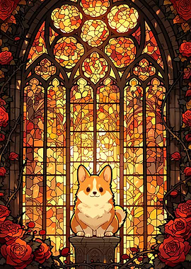Corgi Cathedral - Cozy Stained Glass Fantasy Art