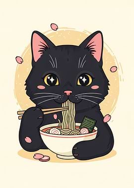 Cute Black Cat Eating Ramen