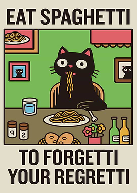 Cat Eating Spaghetti to Forget Regrets