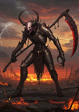 Demonic Reaper in Fiery Landscape