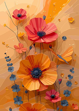 Orange and Red Poppies with Butterfly