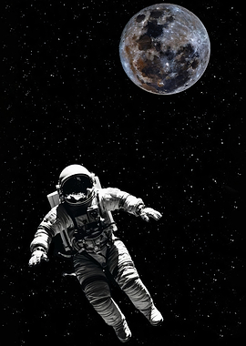 Astronaut floating in space with moon