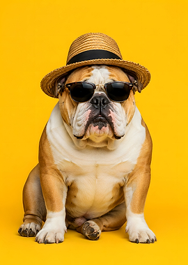 Bulldog wearing sunglasses and hat