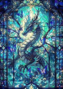 Azure Butterfly Dragon - Mystic Neon Stained Glass Fantasy