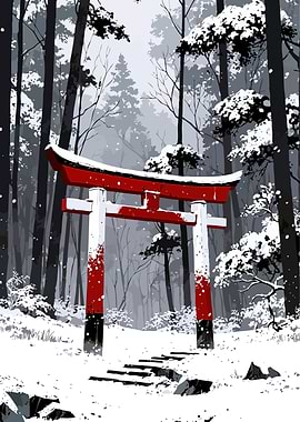 Snowy Torii Gate in Forest