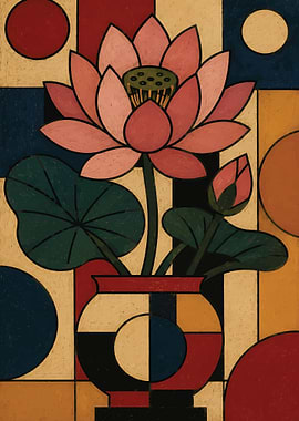 Pink Lotus Flower in Geometric Vase