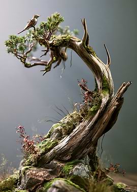 Miniature Bird on Bonsai Tree