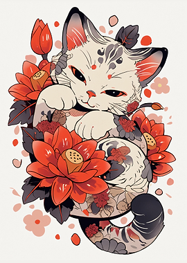 Japanese Cat with Lotus Flowers