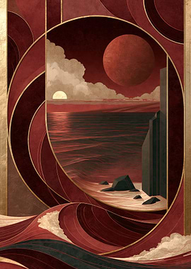 Art Deco Sunset Over Red Ocean