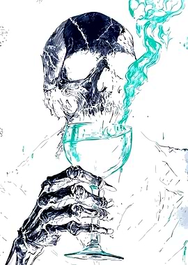 Skeleton holding a glass with glowing smoke