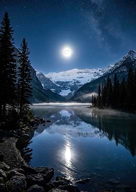 Moonlit Mountain Lake Reflection