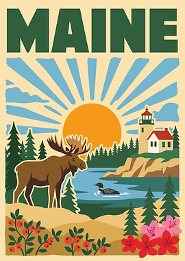 Maine Moose and Lighthouse Vintage Poster