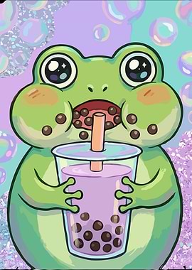 Cute Frog Drinking Boba Tea