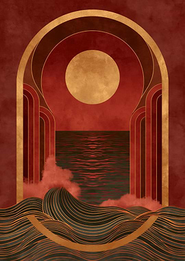 Art Deco Sunset Over Ocean