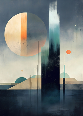 Abstract Geometric Landscape with Celestial Elements
