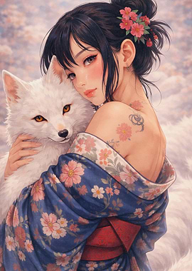 Woman Embracing White Fox