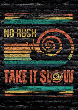 No Rush Take It Slow Snail retro rainbow graffiti on a dark brick wall background