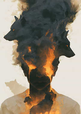Fiery Wolf Head Emerging from Human Form