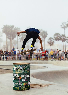 Venice Beach Skate Poster — Barrel Jump Action Shot, California Street Sport Wall Art