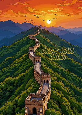 Great Wall of China at Sunset with bird