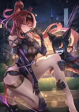 Anime Girls in Rainy Night Setting