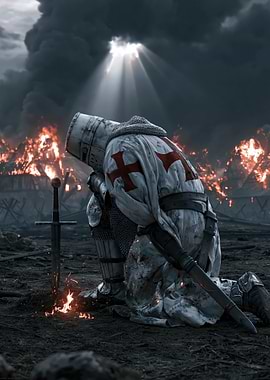 Knight Kneeling in Burning Village