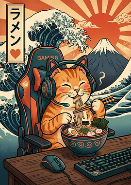 Gamer Cat Eating Ramen