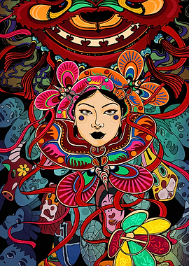 Vibrant Asian Woman in Traditional Headdress